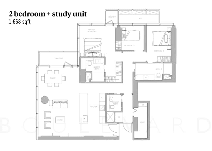 Wallich Residence floorplan 2br plus study unit