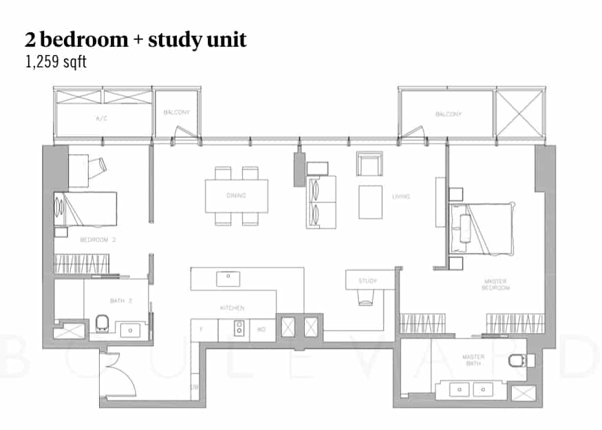 Wallich Residence floorplan 2br plus study unit