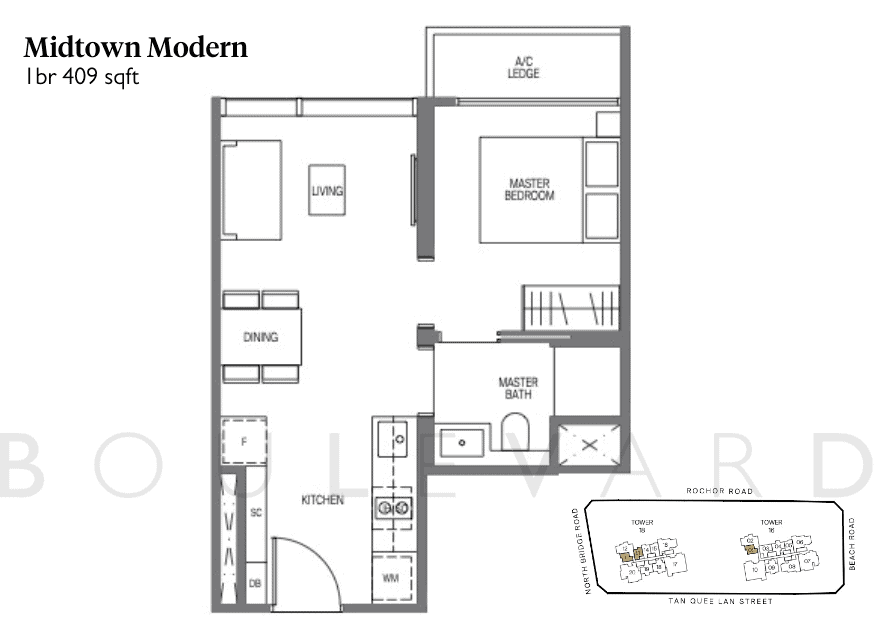 Midtown Modern floorplan 1 bedroom unit
