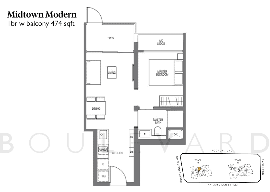 Midtown Modern floorplan 1 bedroom w balcony unit