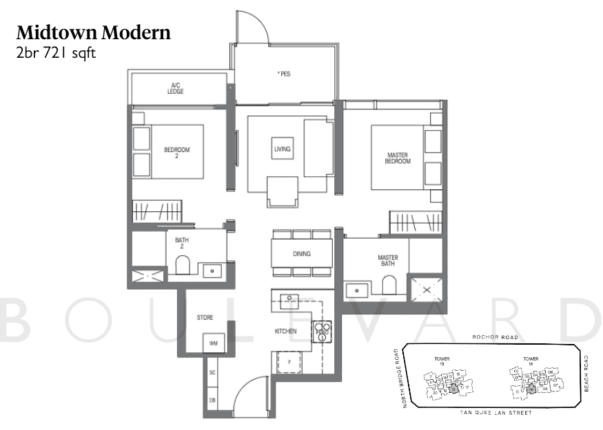 Midtown Modern floorplan 2 bedroom unit
