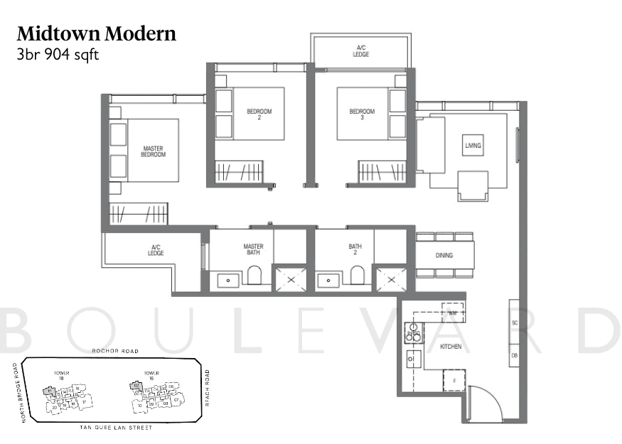 Midtown Modern floorplan 3 bedroom unit