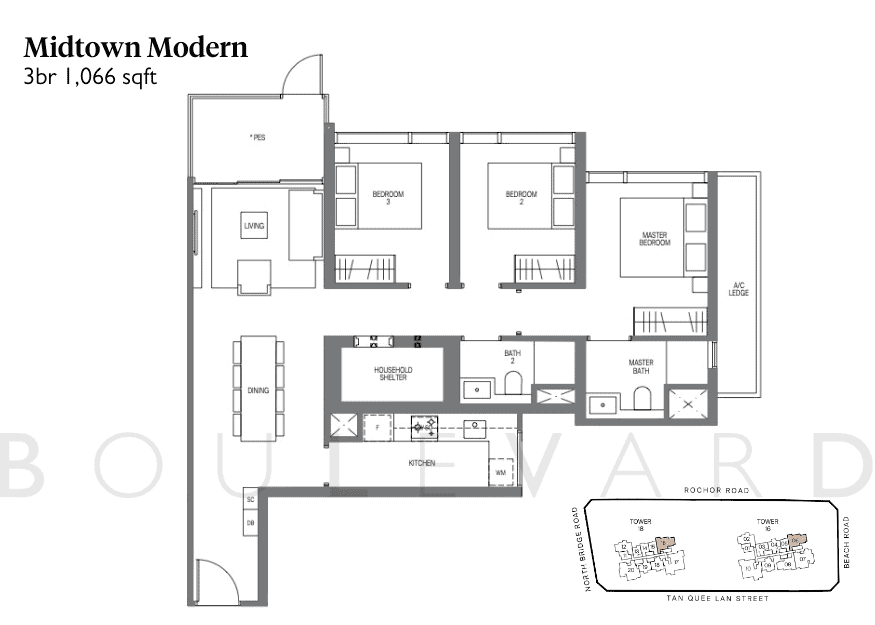 Midtown Modern floorplan 3 bedroom unit