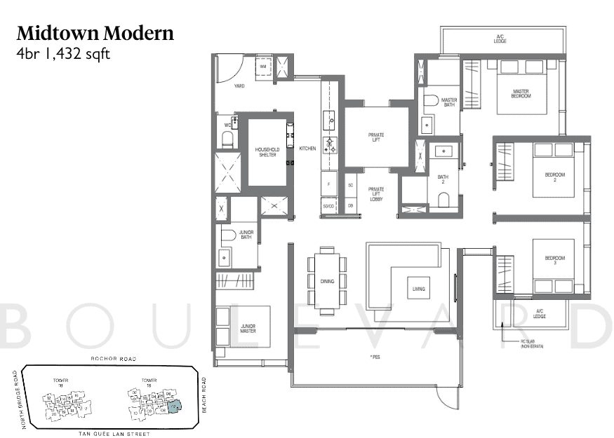 Midtown Modern floorplan 4 bedroom unit