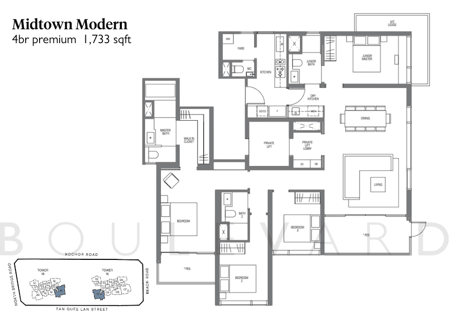 Midtown Modern floorplan 4 bedroom premium unit