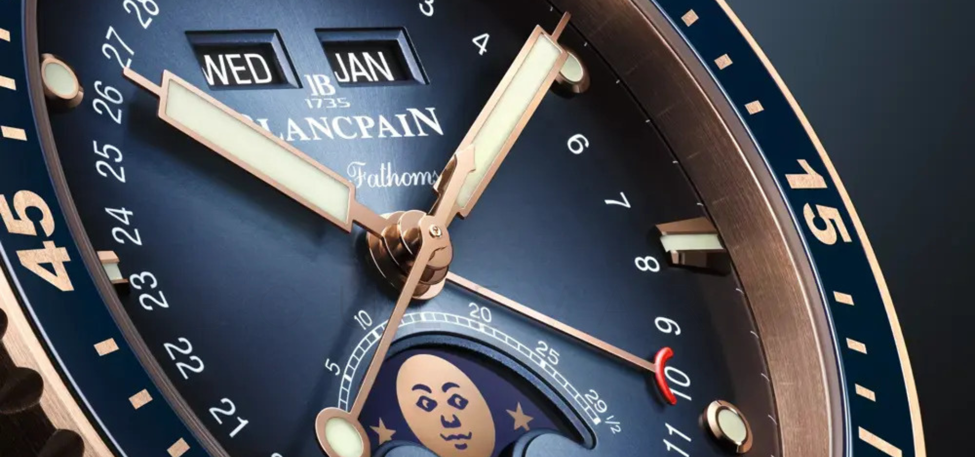 Blancpain Fifty Fathoms Bathyscaphe Quantième Complet and Chronographe Flyback in Red Gold D1A