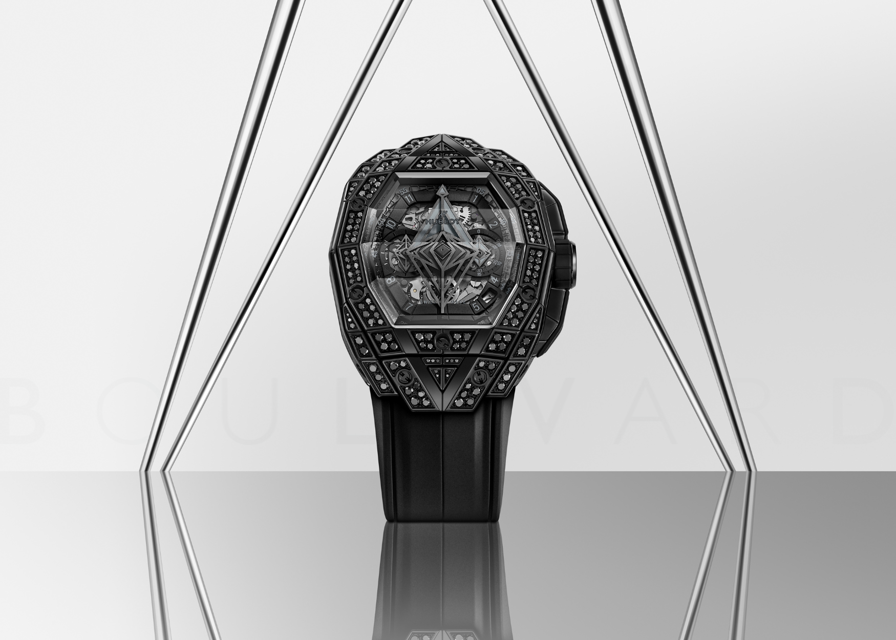 The Hublot Spirit of Big Bang Sang Bleu All Black Pavé is a bold, geometric masterpiece